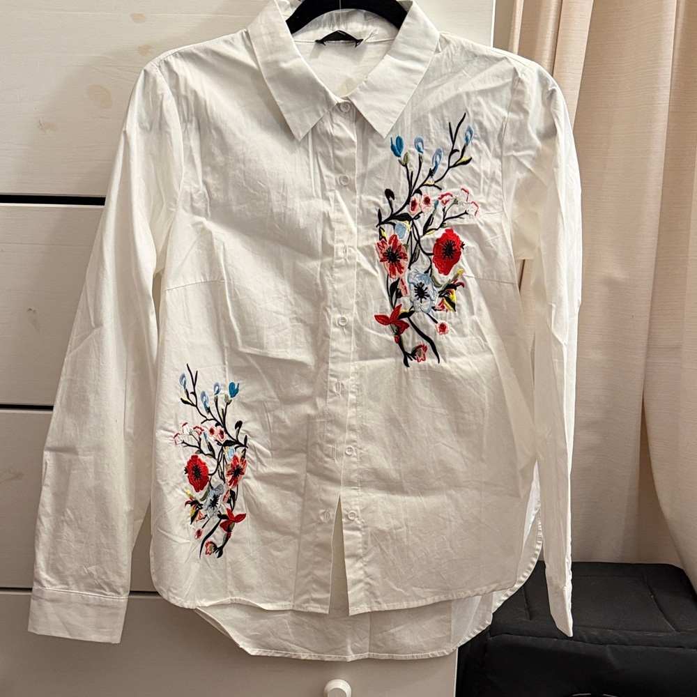BDG White Shirt with Red and Blue Floral Embroidery